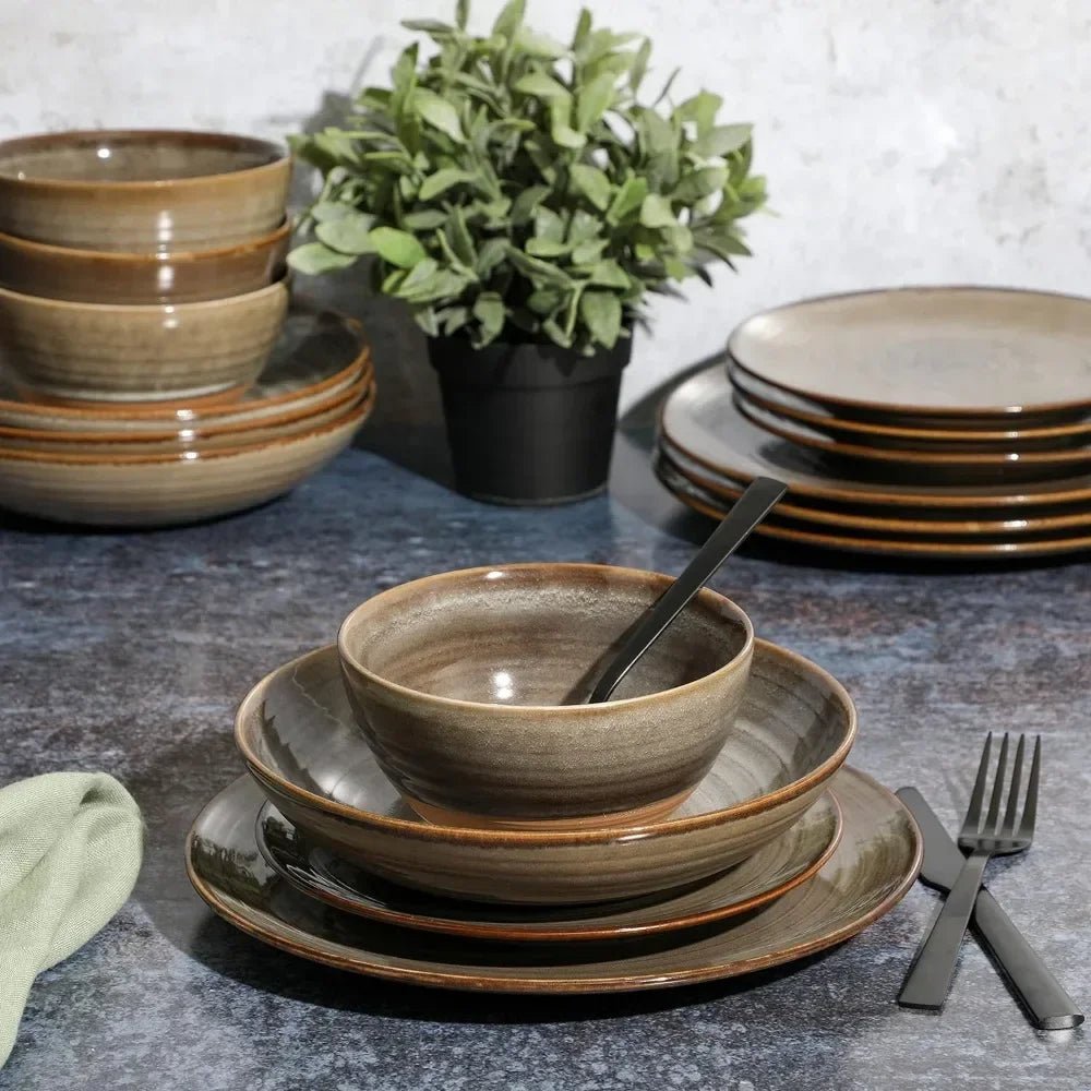 16 Piece Double Bowl Terracotta Reactive Dinnerware Set - Earthy Brown, Service For 4 (16pcs) - BELMA