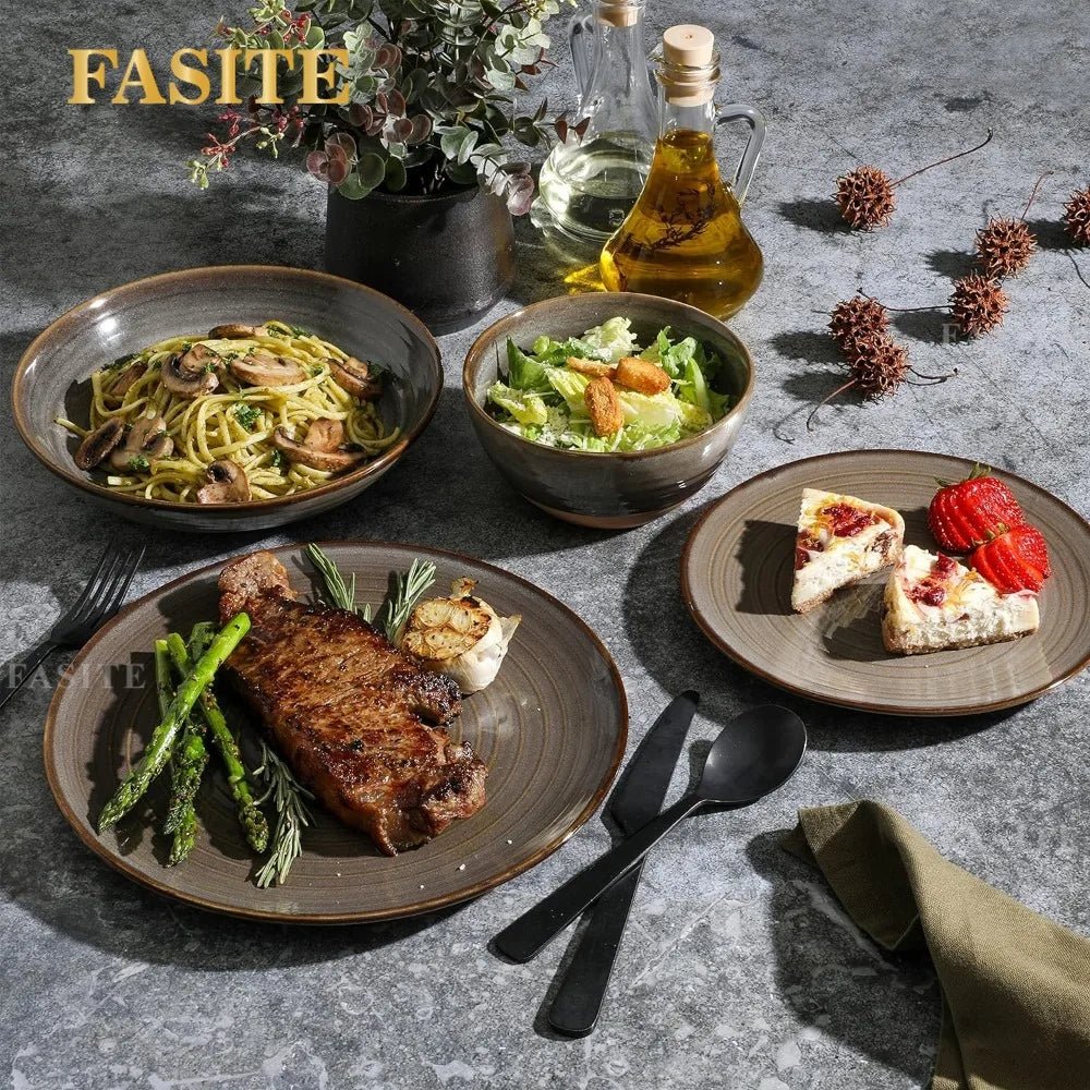 16 Piece Double Bowl Terracotta Reactive Dinnerware Set - Earthy Brown, Service For 4 (16pcs) - BELMA
