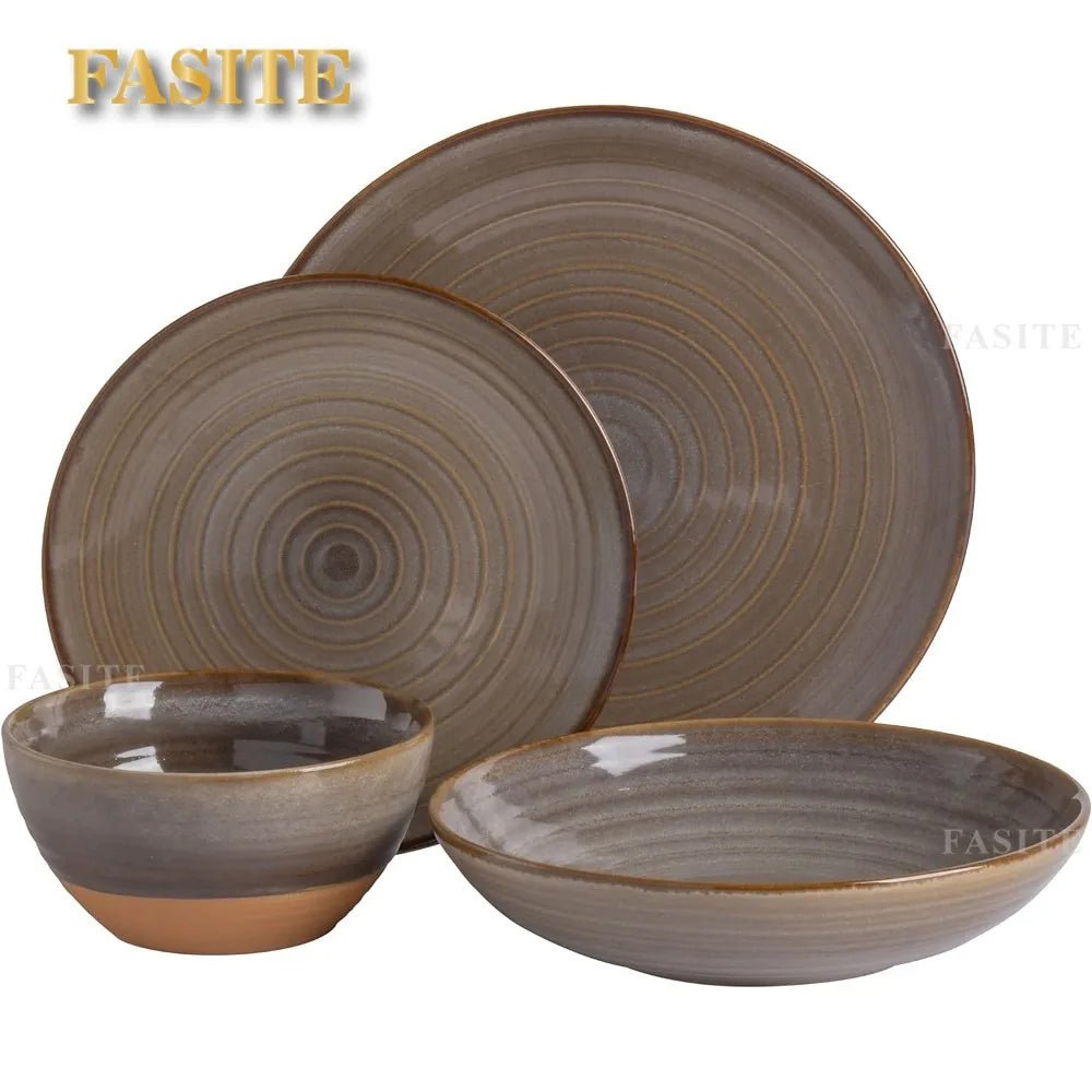 16 Piece Double Bowl Terracotta Reactive Dinnerware Set - Earthy Brown, Service For 4 (16pcs) - BELMA
