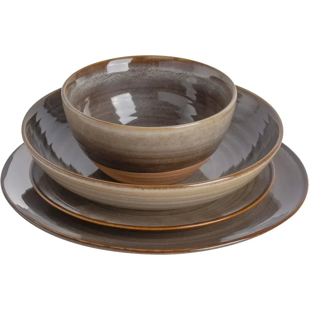 16 Piece Double Bowl Terracotta Reactive Dinnerware Set - Earthy Brown, Service For 4 (16pcs) - BELMA