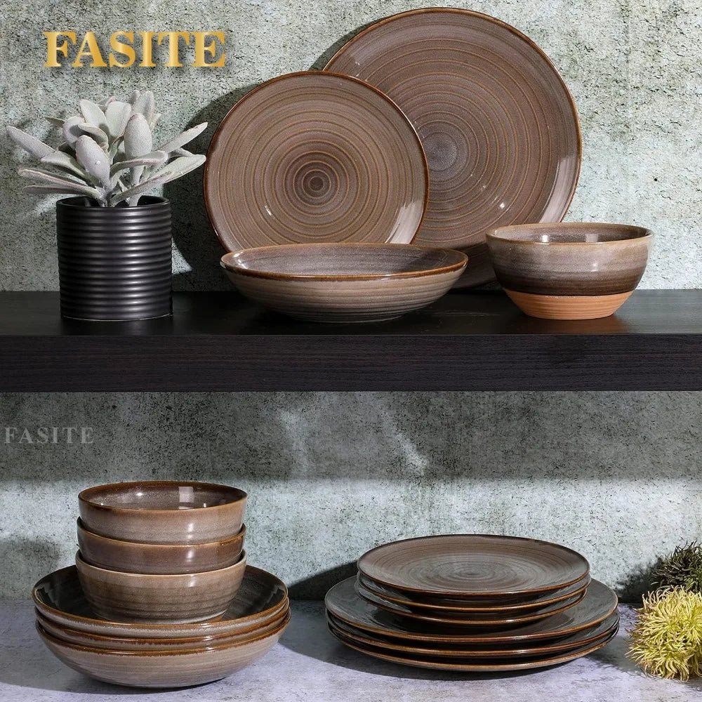 16 Piece Double Bowl Terracotta Reactive Dinnerware Set - Earthy Brown, Service For 4 (16pcs) - BELMA