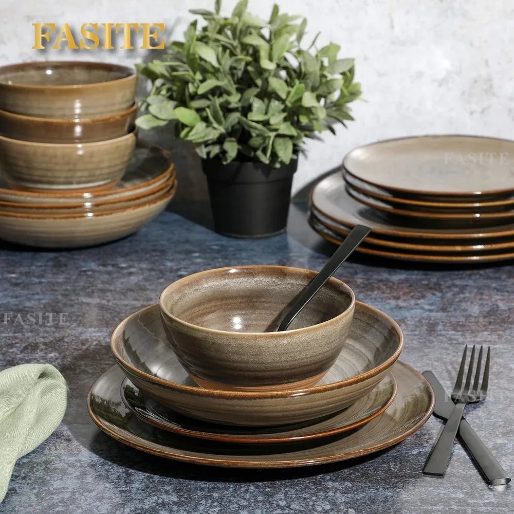 16 Piece Double Bowl Terracotta Reactive Dinnerware Set - Earthy Brown, Service For 4 (16pcs) - BELMA