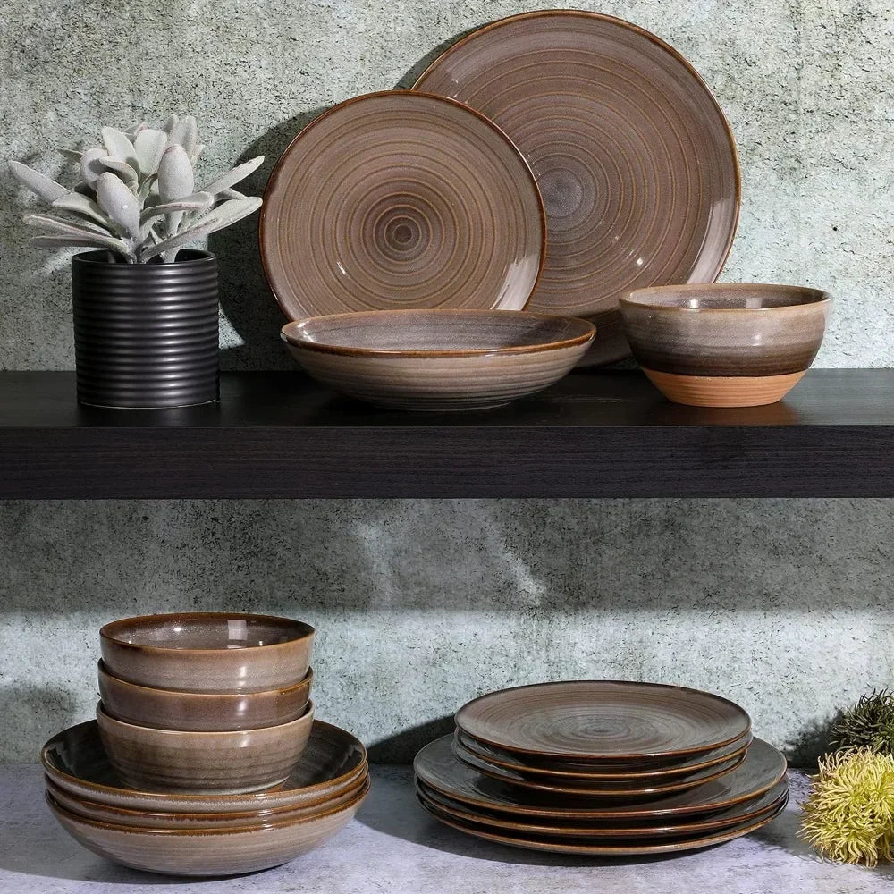 16 Piece Double Bowl Terracotta Reactive Dinnerware Set - Earthy Brown, Service For 4 (16pcs) - BELMA