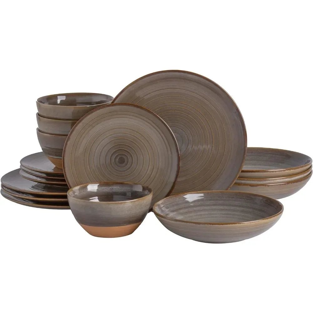 16 Piece Double Bowl Terracotta Reactive Dinnerware Set - Earthy Brown, Service For 4 (16pcs) - BELMA