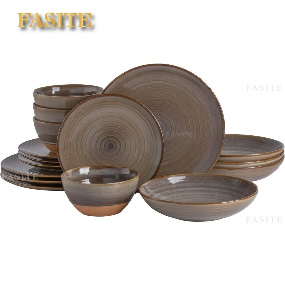 16 Piece Double Bowl Terracotta Reactive Dinnerware Set - Earthy Brown, Service For 4 (16pcs) - BELMA