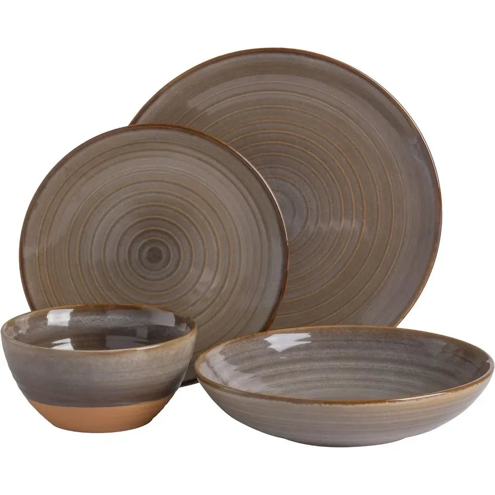 16 Piece Double Bowl Terracotta Reactive Dinnerware Set - Earthy Brown, Service For 4 (16pcs) - BELMA