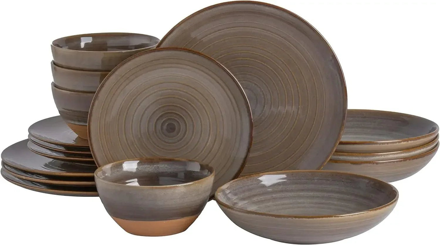 16 Piece Double Bowl Terracotta Reactive Dinnerware Set - Earthy Brown, Service For 4 (16pcs) - BELMA