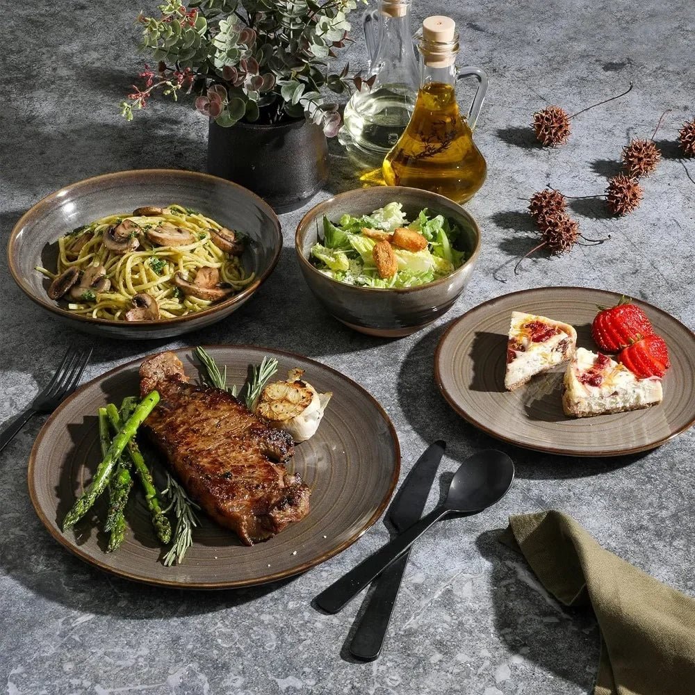 16 Piece Double Bowl Terracotta Reactive Dinnerware Set - Earthy Brown, Service For 4 (16pcs) - BELMA