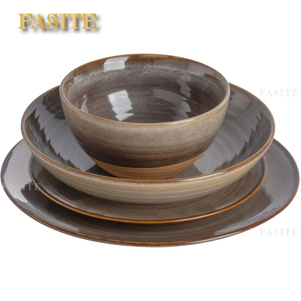 16 Piece Double Bowl Terracotta Reactive Dinnerware Set - Earthy Brown, Service For 4 (16pcs) - BELMA