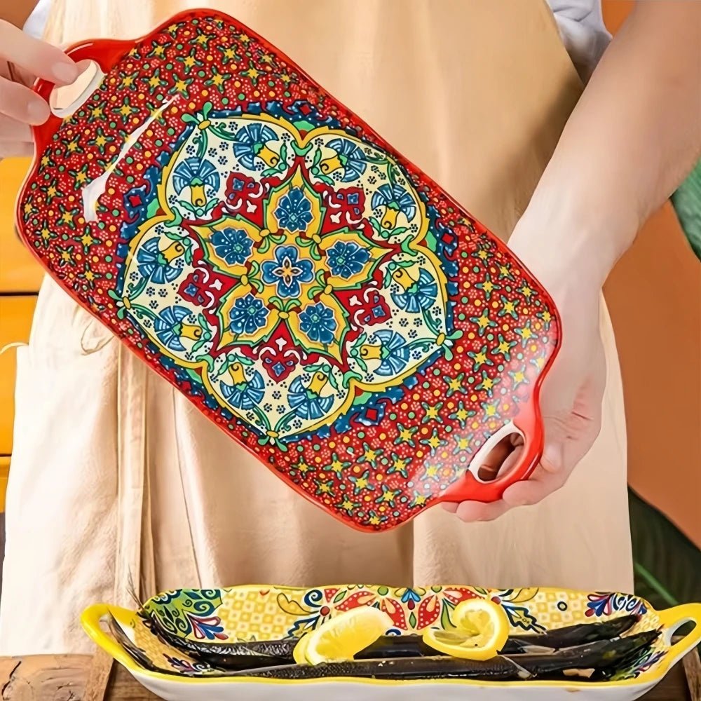 1pc Bohemian style ceramic fish dish with handle: 12.8 - inch rectangular dining table tray, suitable for microwave and oven - BELMA