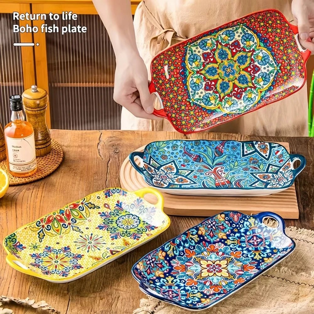 1pc Bohemian style ceramic fish dish with handle: 12.8 - inch rectangular dining table tray, suitable for microwave and oven - BELMA