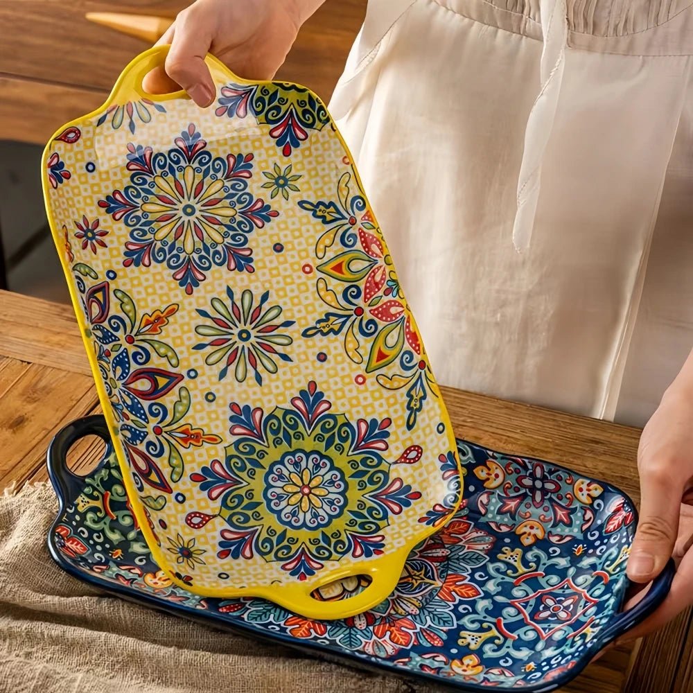 1pc Bohemian style ceramic fish dish with handle: 12.8 - inch rectangular dining table tray, suitable for microwave and oven - BELMA