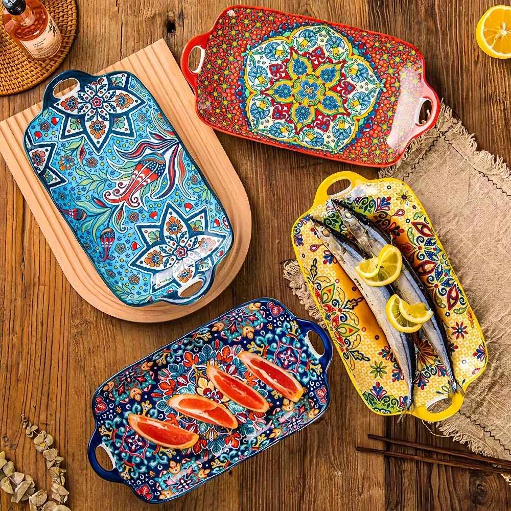 1pc Bohemian style ceramic fish dish with handle: 12.8 - inch rectangular dining table tray, suitable for microwave and oven - BELMA