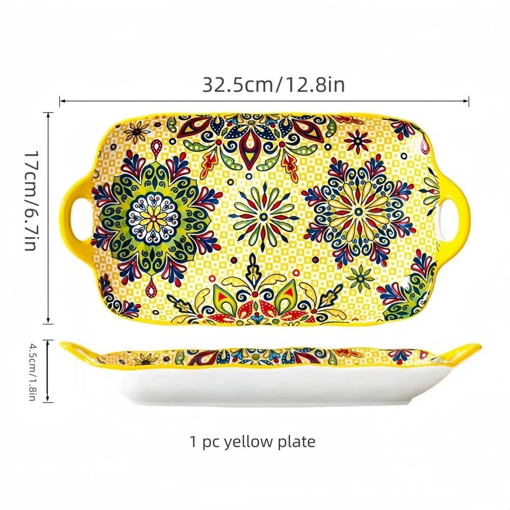 1pc Bohemian style ceramic fish dish with handle: 12.8 - inch rectangular dining table tray, suitable for microwave and oven - BELMA