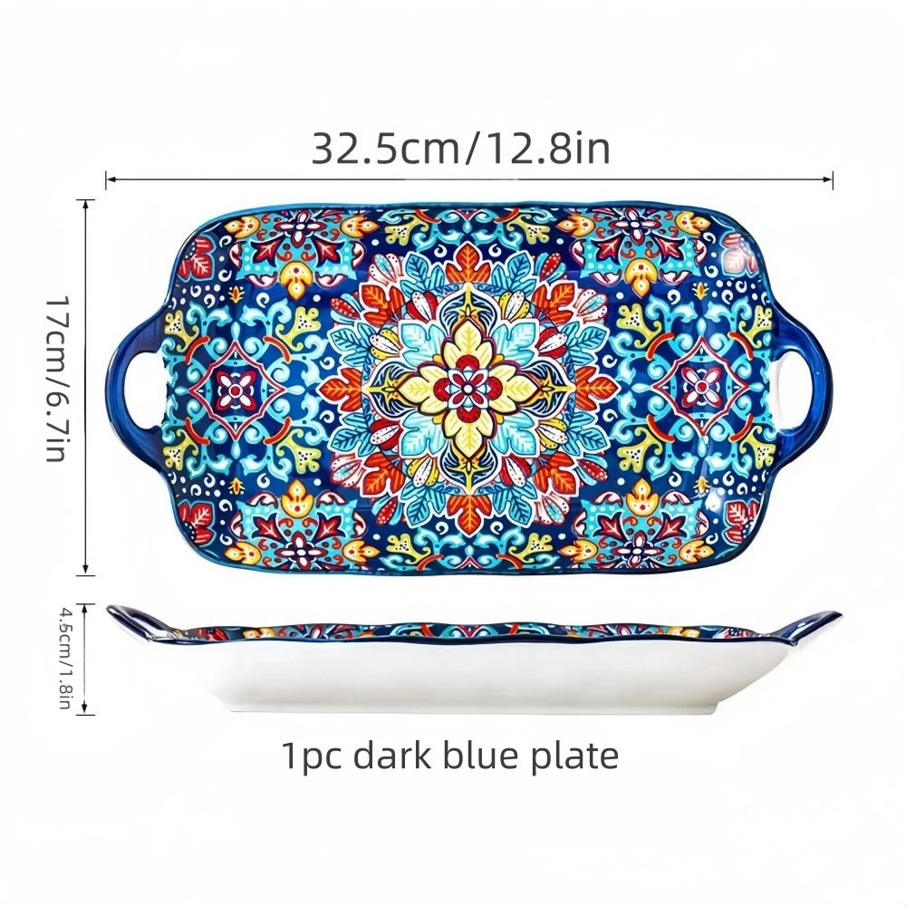 1pc Bohemian style ceramic fish dish with handle: 12.8 - inch rectangular dining table tray, suitable for microwave and oven - BELMA