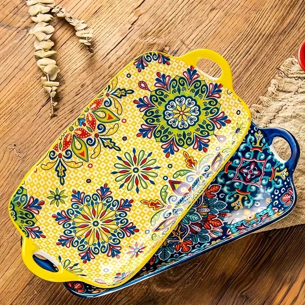 1pc Bohemian style ceramic fish dish with handle: 12.8 - inch rectangular dining table tray, suitable for microwave and oven - BELMA