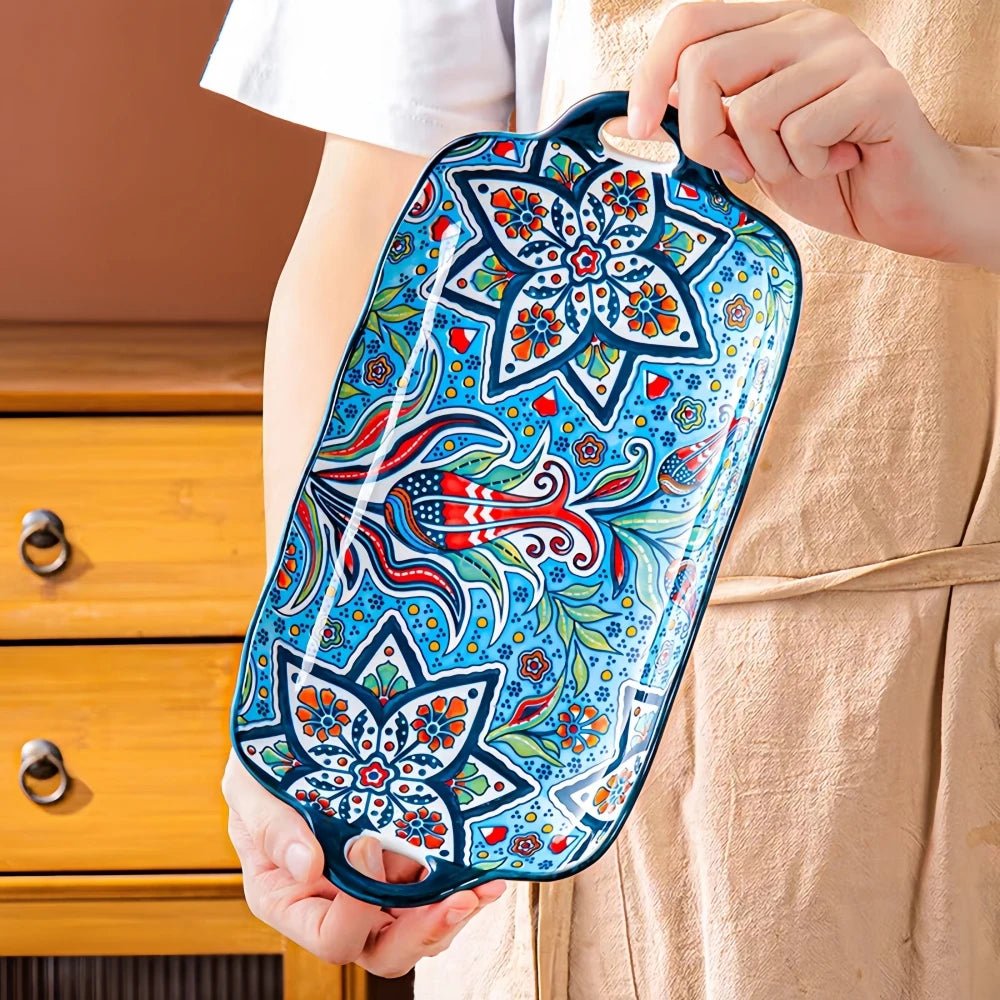 1pc Bohemian style ceramic fish dish with handle: 12.8 - inch rectangular dining table tray, suitable for microwave and oven - BELMA