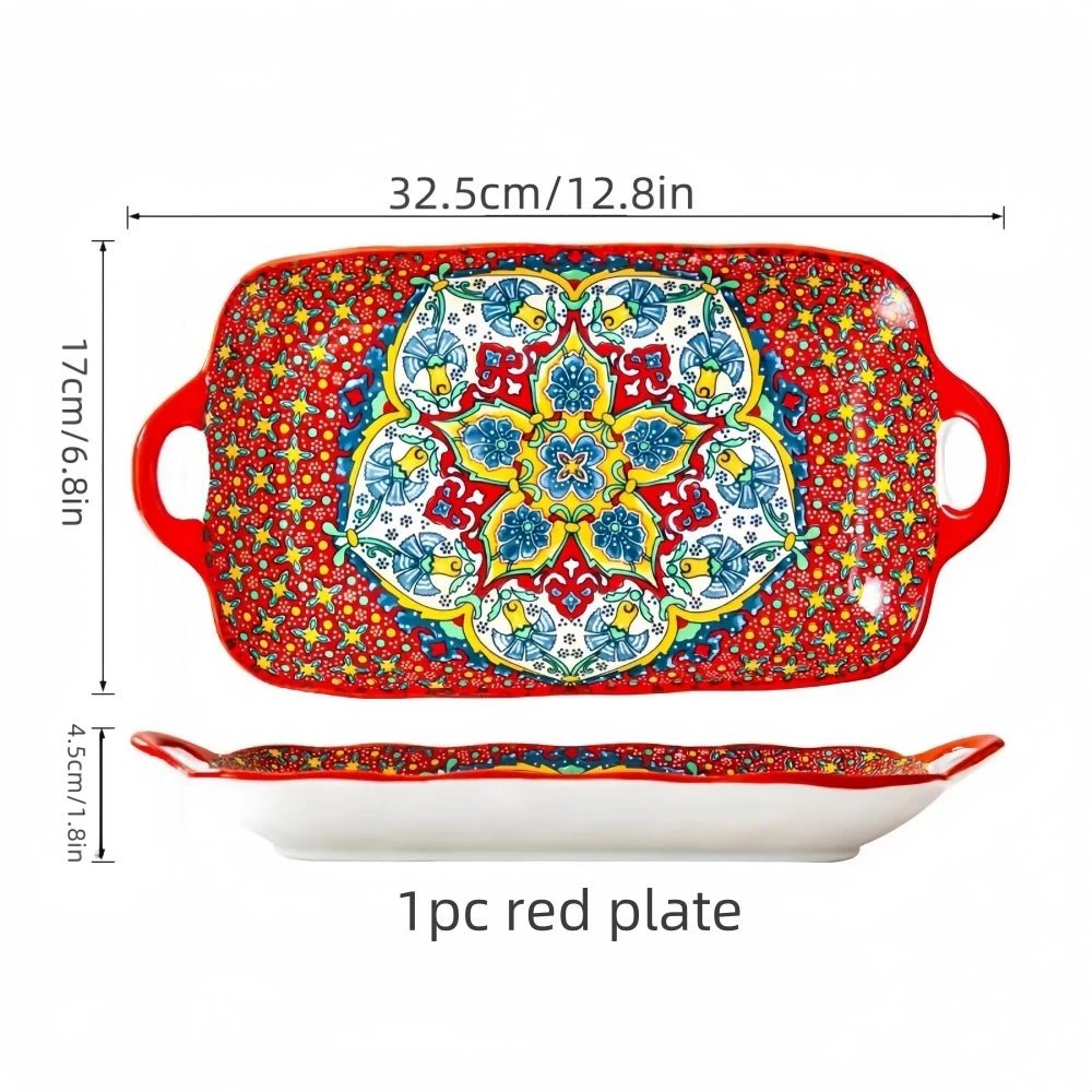1pc Bohemian style ceramic fish dish with handle: 12.8 - inch rectangular dining table tray, suitable for microwave and oven - BELMA