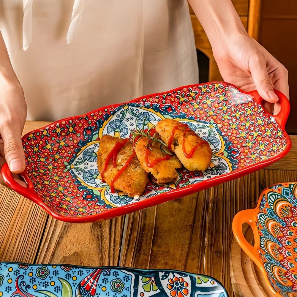1pc Bohemian style ceramic fish dish with handle: 12.8 - inch rectangular dining table tray, suitable for microwave and oven - BELMA