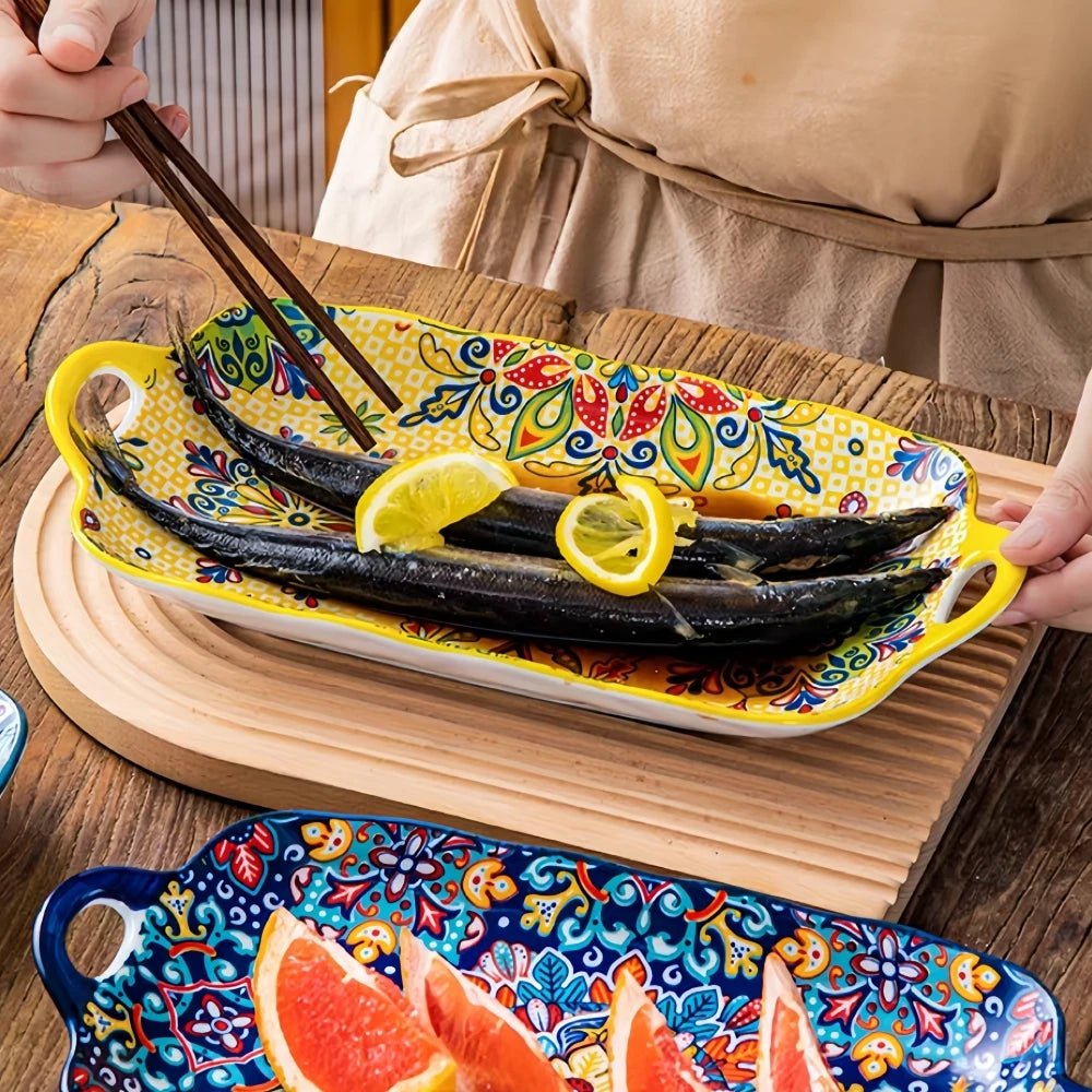 1pc Bohemian style ceramic fish dish with handle: 12.8 - inch rectangular dining table tray, suitable for microwave and oven - BELMA