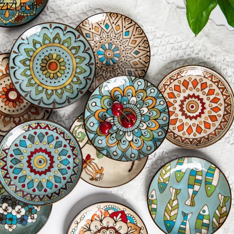 6 inches Hand Painted Round Ceramic Tableware Dessert Plate Steak Salad Snack Cake Plates Tableware - BELMA