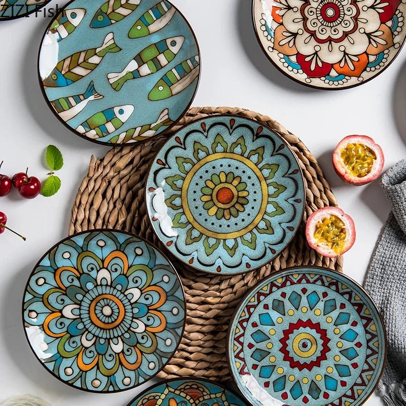6 inches Hand Painted Round Ceramic Tableware Dessert Plate Steak Salad Snack Cake Plates Tableware - BELMA
