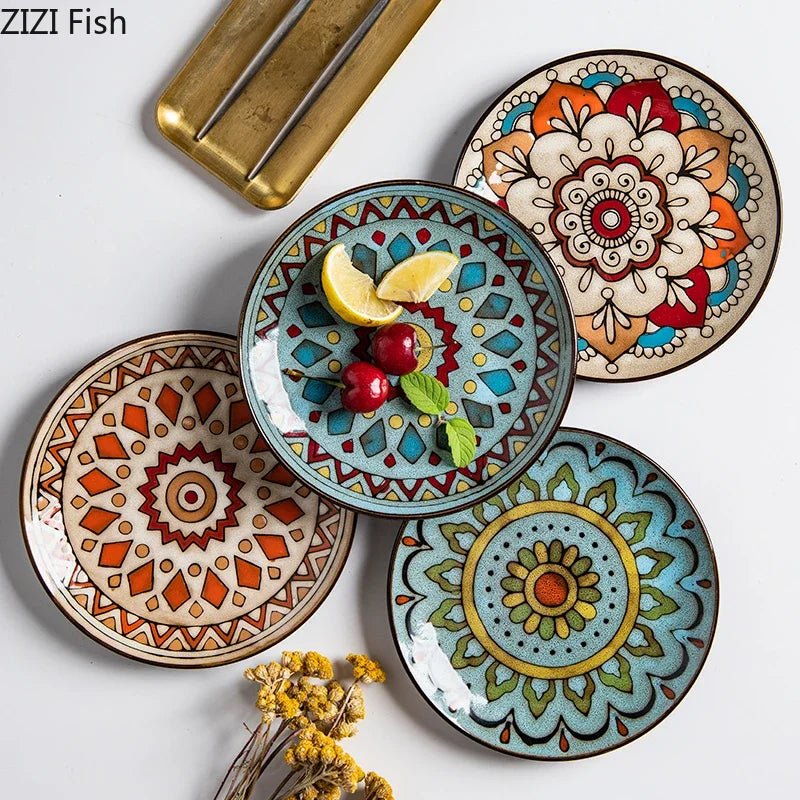 6 inches Hand Painted Round Ceramic Tableware Dessert Plate Steak Salad Snack Cake Plates Tableware - BELMA