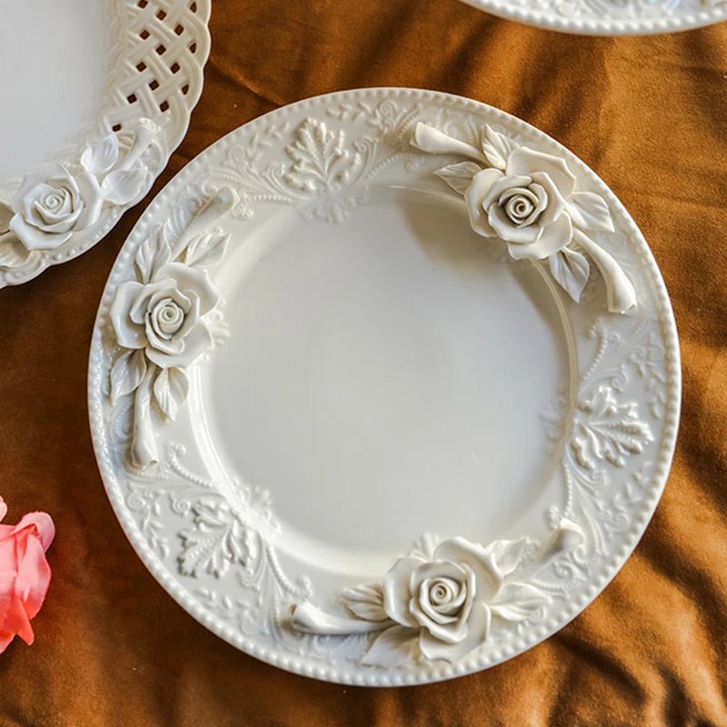 Creative Relief Exquisite Ceramic Plate Afternoon Tea Dessert Fruits High Footed Plate French Style Party Unique Dining Plates - BELMA