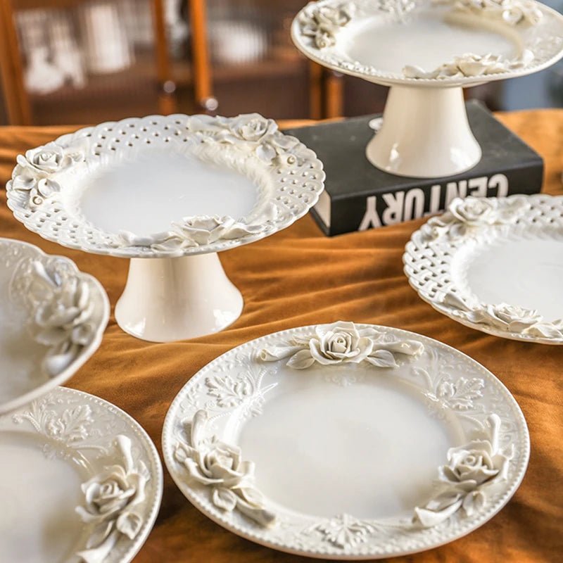 Creative Relief Exquisite Ceramic Plate Afternoon Tea Dessert Fruits High Footed Plate French Style Party Unique Dining Plates - BELMA