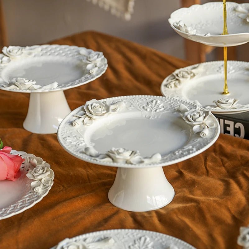 Creative Relief Exquisite Ceramic Plate Afternoon Tea Dessert Fruits High Footed Plate French Style Party Unique Dining Plates - BELMA