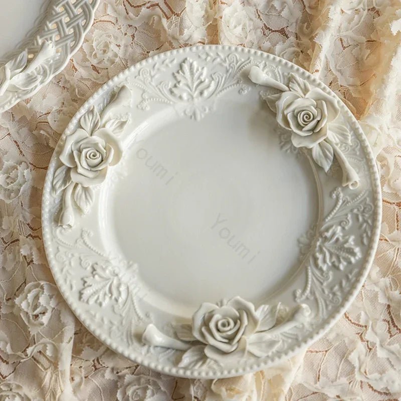 Creative Relief Exquisite Ceramic Plate Afternoon Tea Dessert Fruits High Footed Plate French Style Party Unique Dining Plates - BELMA