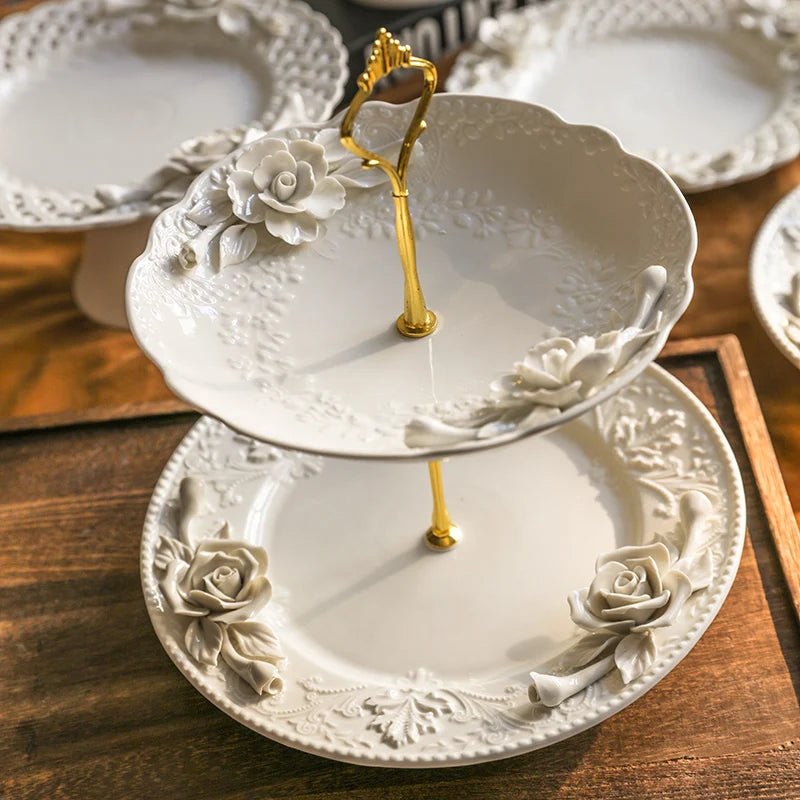 Creative Relief Exquisite Ceramic Plate Afternoon Tea Dessert Fruits High Footed Plate French Style Party Unique Dining Plates - BELMA