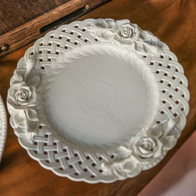 Creative Relief Exquisite Ceramic Plate Afternoon Tea Dessert Fruits High Footed Plate French Style Party Unique Dining Plates - BELMA