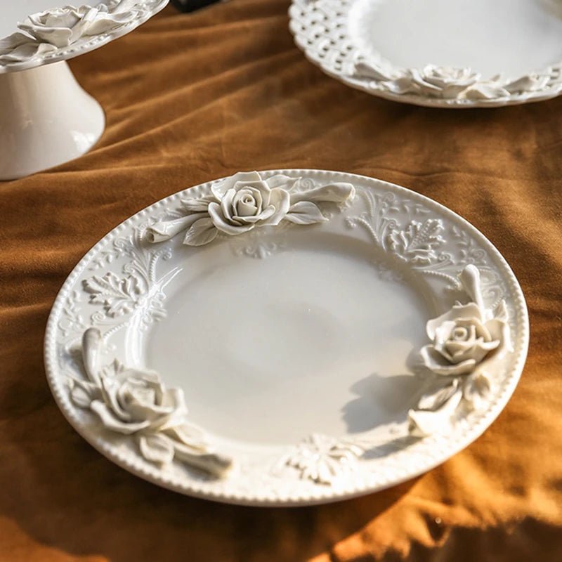 Creative Relief Exquisite Ceramic Plate Afternoon Tea Dessert Fruits High Footed Plate French Style Party Unique Dining Plates - BELMA