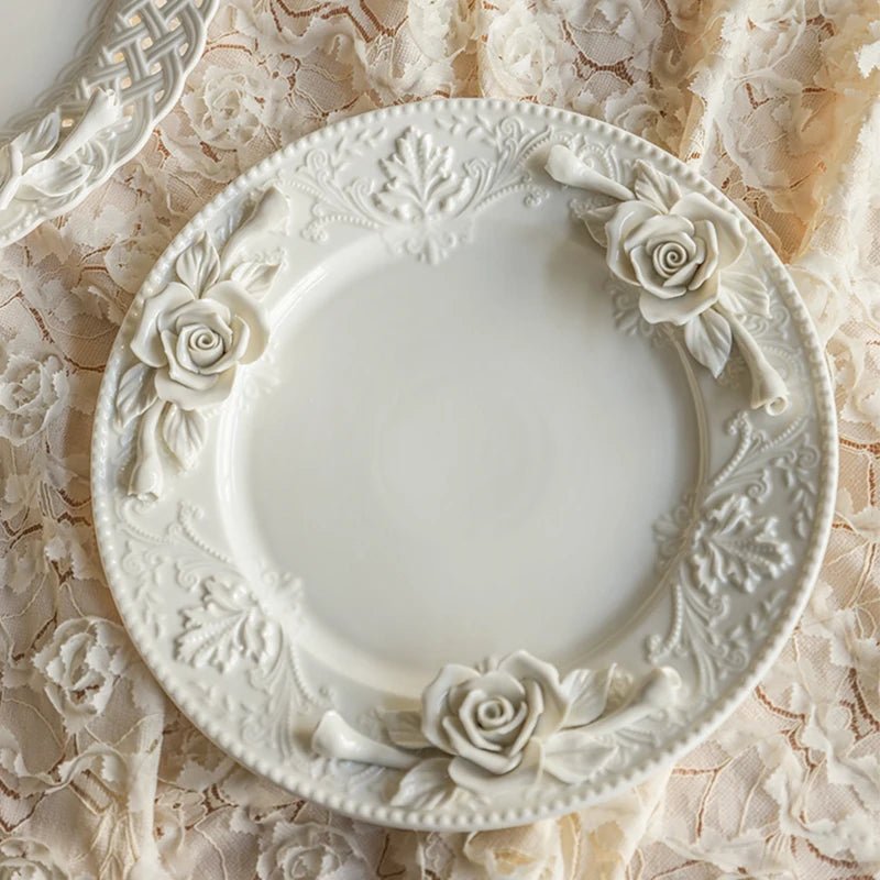 Creative Relief Exquisite Ceramic Plate Afternoon Tea Dessert Fruits High Footed Plate French Style Party Unique Dining Plates - BELMA