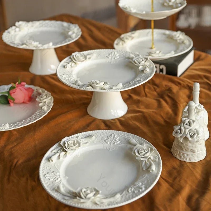 Creative Relief Exquisite Ceramic Plate Afternoon Tea Dessert Fruits High Footed Plate French Style Party Unique Dining Plates - BELMA