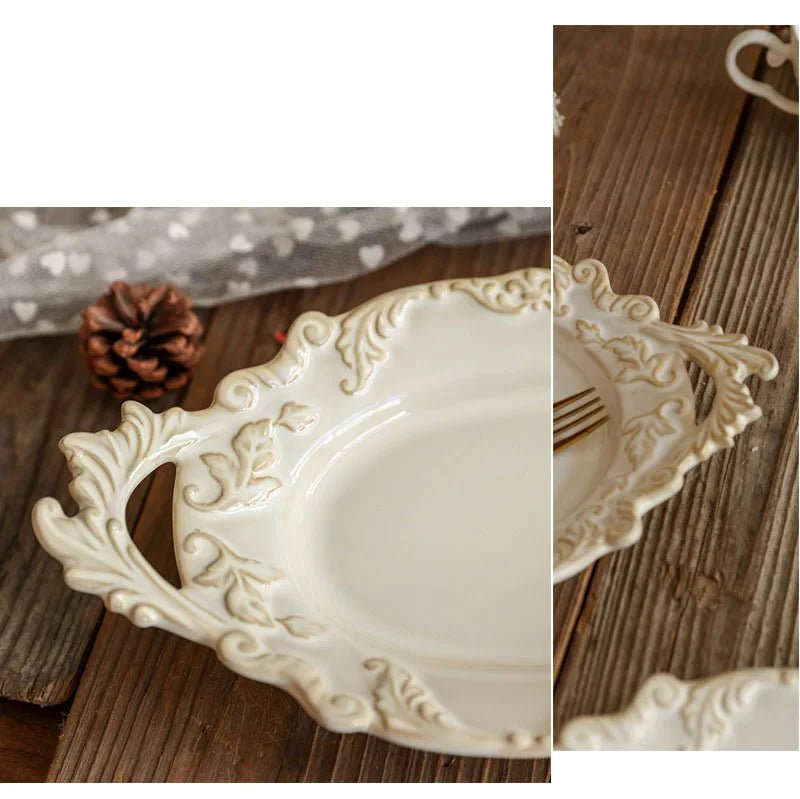 French Retro Relief Plate Ceramic Spaghetti Plate Binaural Dessert Western Food Plate Light Luxury Tableware - BELMA