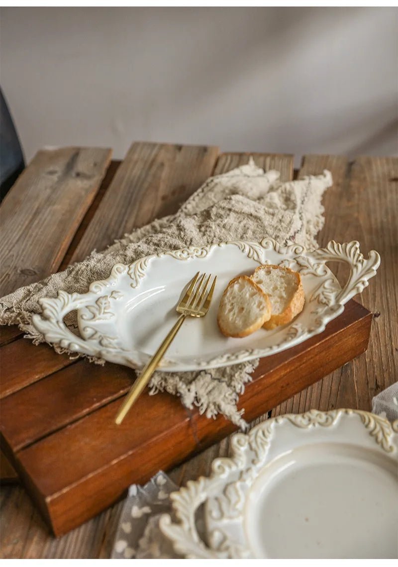 French Retro Relief Plate Ceramic Spaghetti Plate Binaural Dessert Western Food Plate Light Luxury Tableware - BELMA