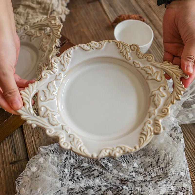 French Retro Relief Plate Ceramic Spaghetti Plate Binaural Dessert Western Food Plate Light Luxury Tableware - BELMA