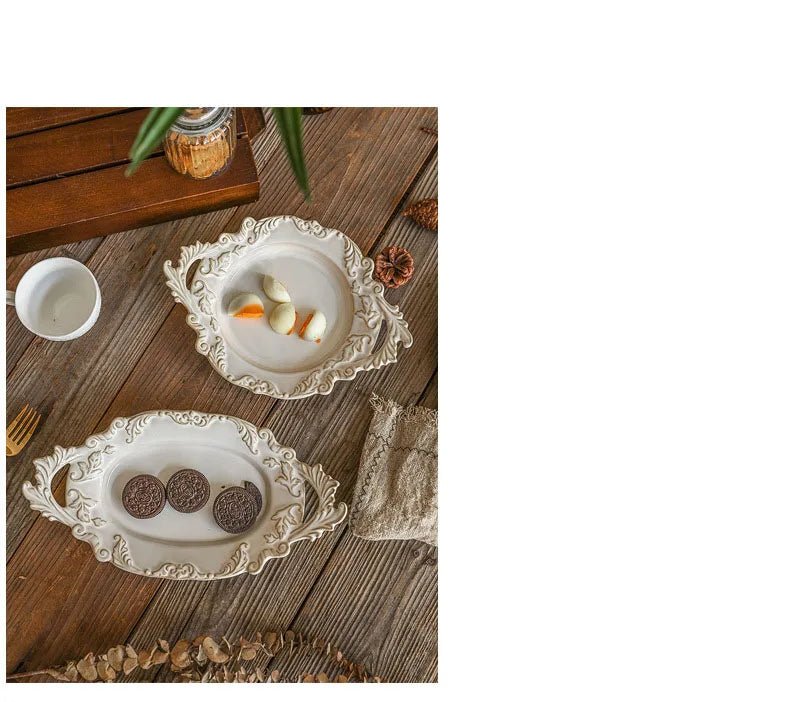 French Retro Relief Plate Ceramic Spaghetti Plate Binaural Dessert Western Food Plate Light Luxury Tableware - BELMA