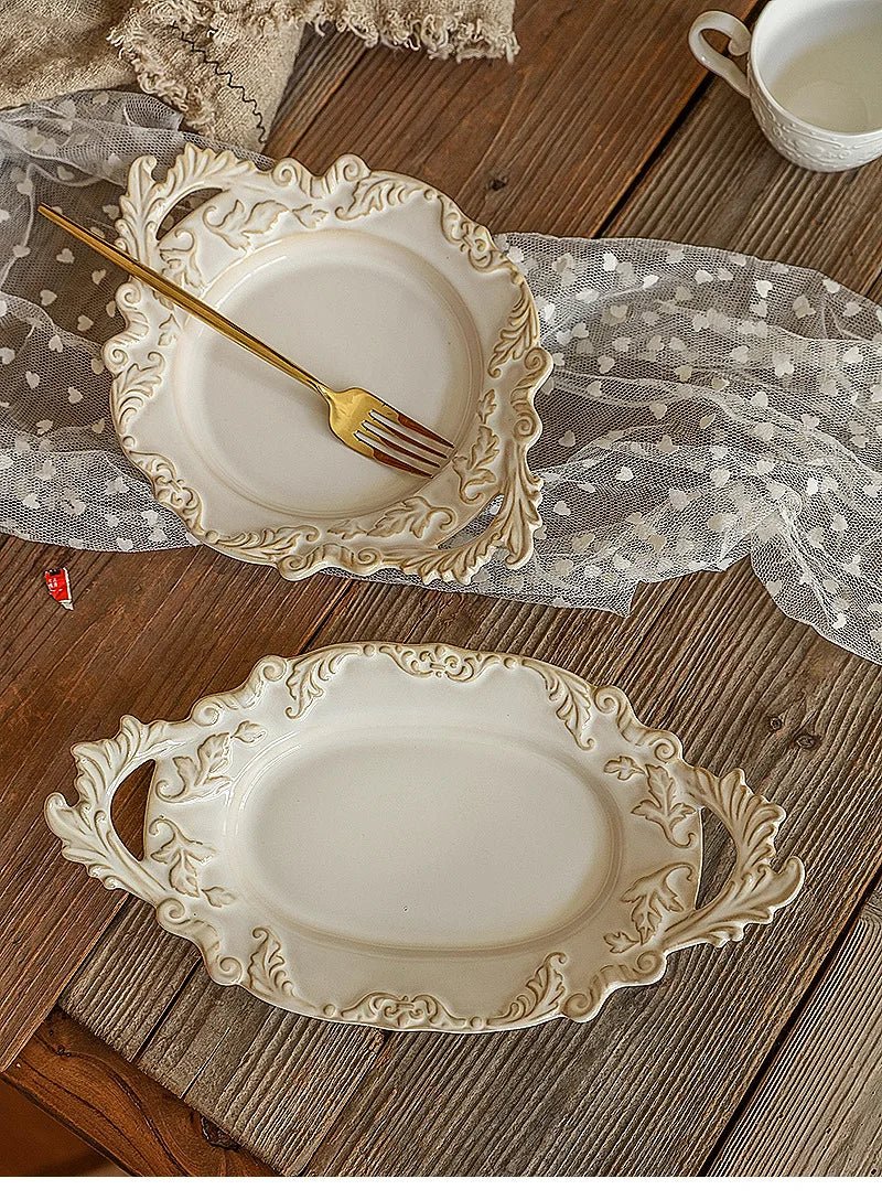 French Retro Relief Plate Ceramic Spaghetti Plate Binaural Dessert Western Food Plate Light Luxury Tableware - BELMA