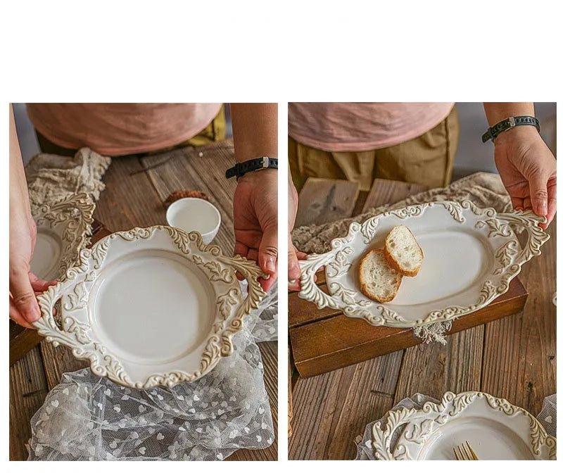 French Retro Relief Plate Ceramic Spaghetti Plate Binaural Dessert Western Food Plate Light Luxury Tableware - BELMA