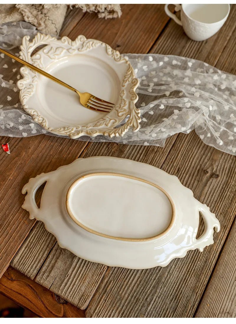 French Retro Relief Plate Ceramic Spaghetti Plate Binaural Dessert Western Food Plate Light Luxury Tableware - BELMA