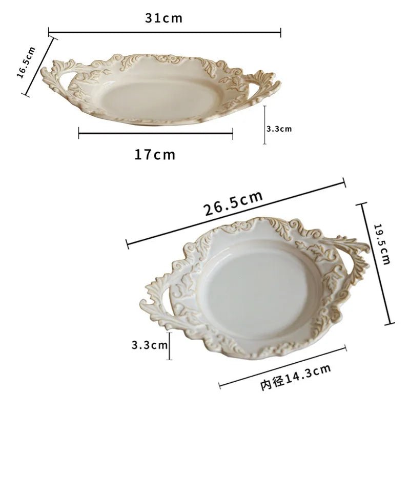 French Retro Relief Plate Ceramic Spaghetti Plate Binaural Dessert Western Food Plate Light Luxury Tableware - BELMA