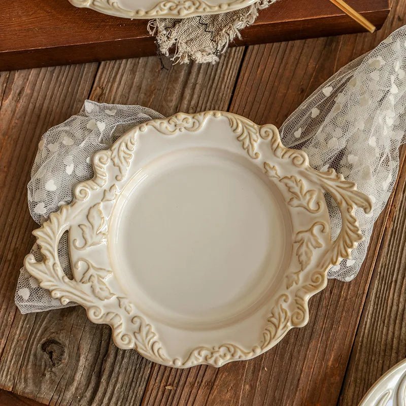 French Retro Relief Plate Ceramic Spaghetti Plate Binaural Dessert Western Food Plate Light Luxury Tableware - BELMA