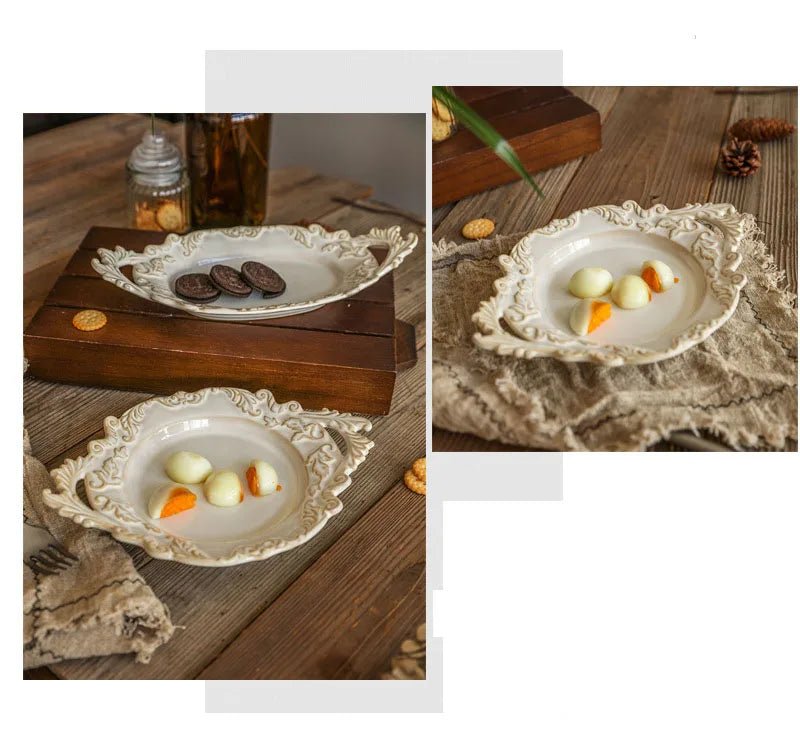 French Retro Relief Plate Ceramic Spaghetti Plate Binaural Dessert Western Food Plate Light Luxury Tableware - BELMA