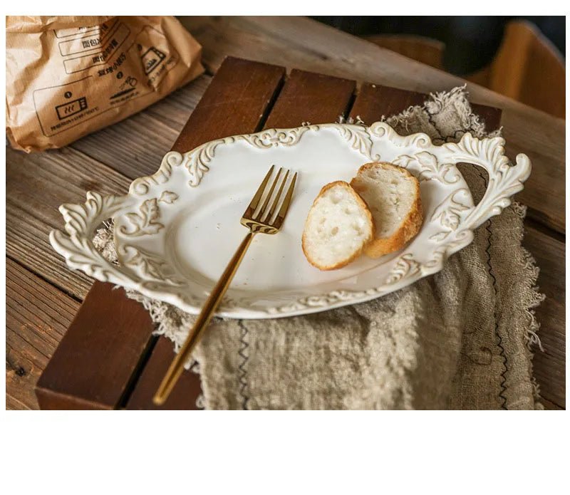 French Retro Relief Plate Ceramic Spaghetti Plate Binaural Dessert Western Food Plate Light Luxury Tableware - BELMA
