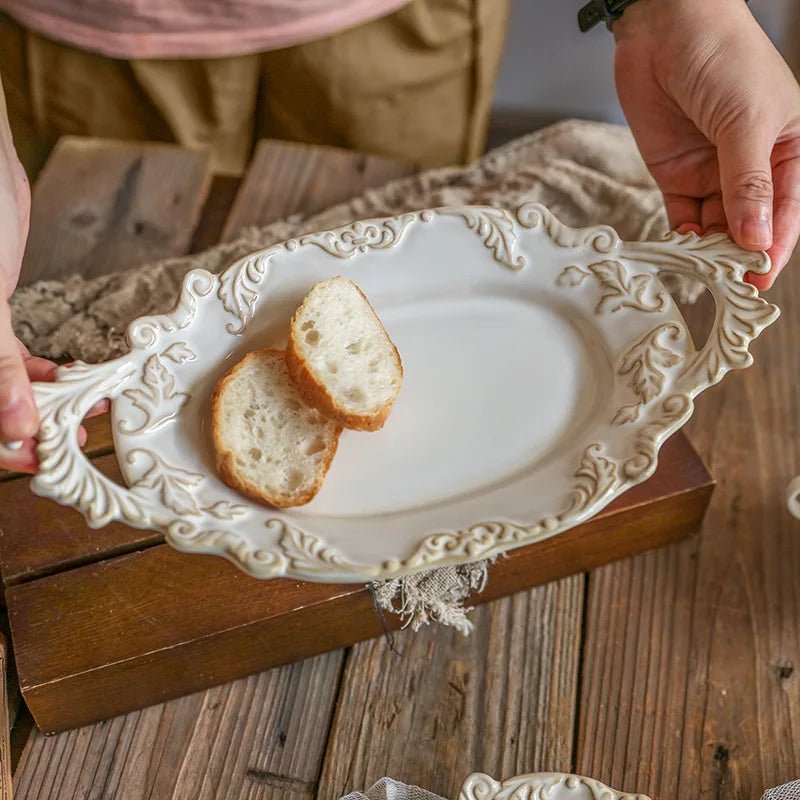 French Retro Relief Plate Ceramic Spaghetti Plate Binaural Dessert Western Food Plate Light Luxury Tableware - BELMA
