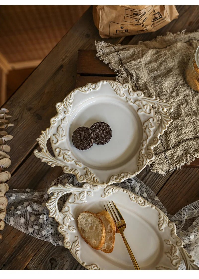French Retro Relief Plate Ceramic Spaghetti Plate Binaural Dessert Western Food Plate Light Luxury Tableware - BELMA