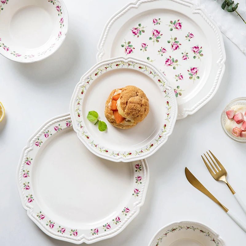 French Style Rose Ceramic Plates Light Luxury Restaurant Dessert Salad Bowls Delicious Dishes Dining Plate Exquisite Tableware - BELMA